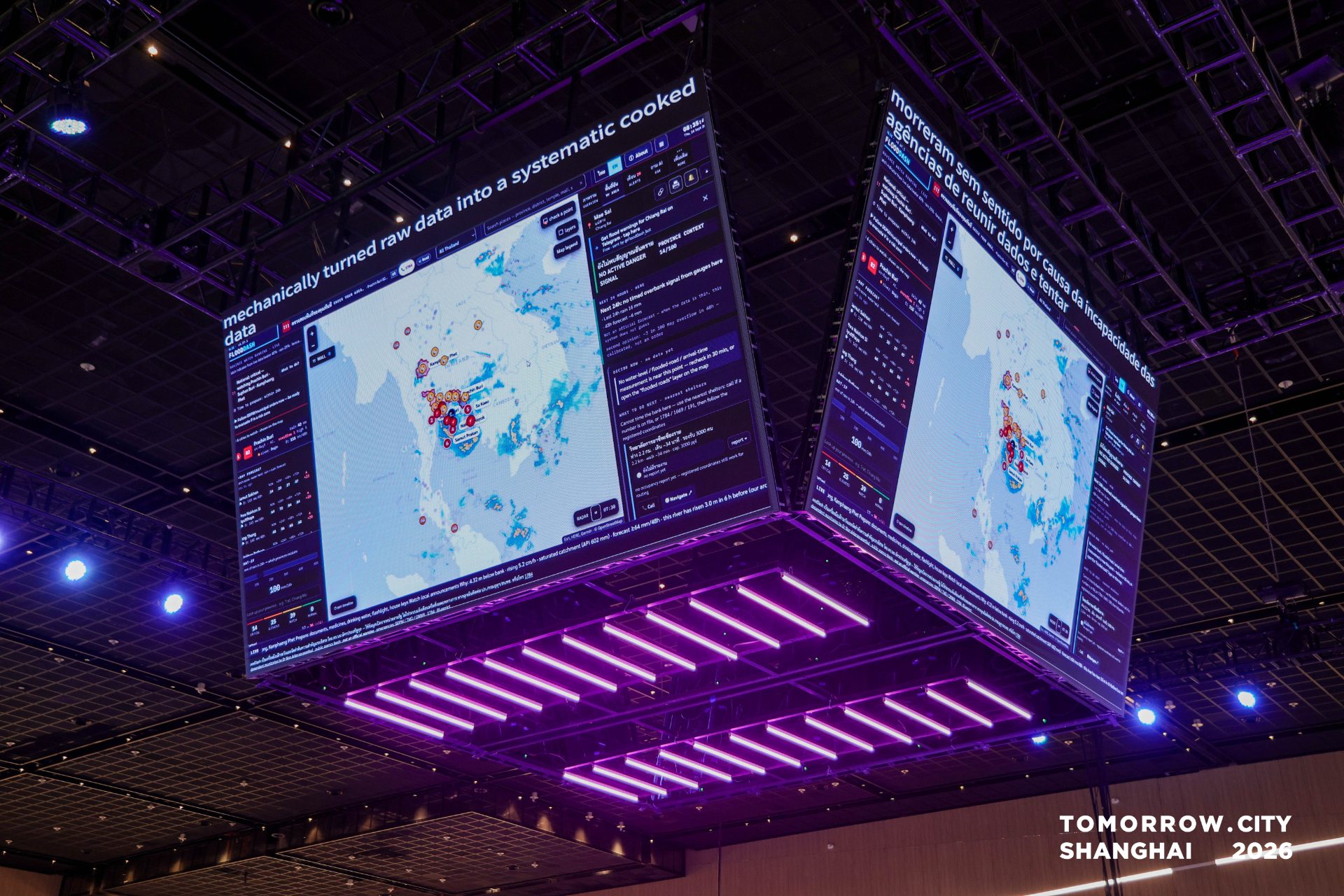 Tomorrow.City Shanghai — FloodDash live on the cube screen, Thailand basin telemetry visible