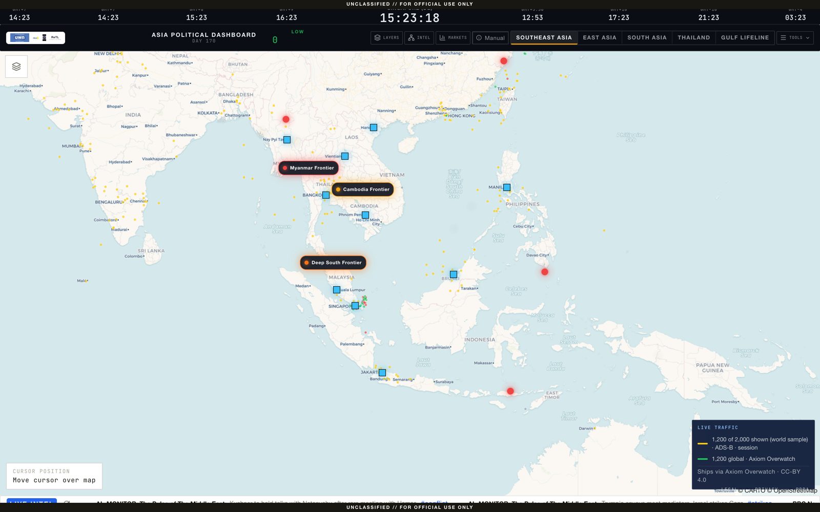 Asia Political Dashboard — five Asian theaters, live air and sea traffic, conflict frontiers on one map