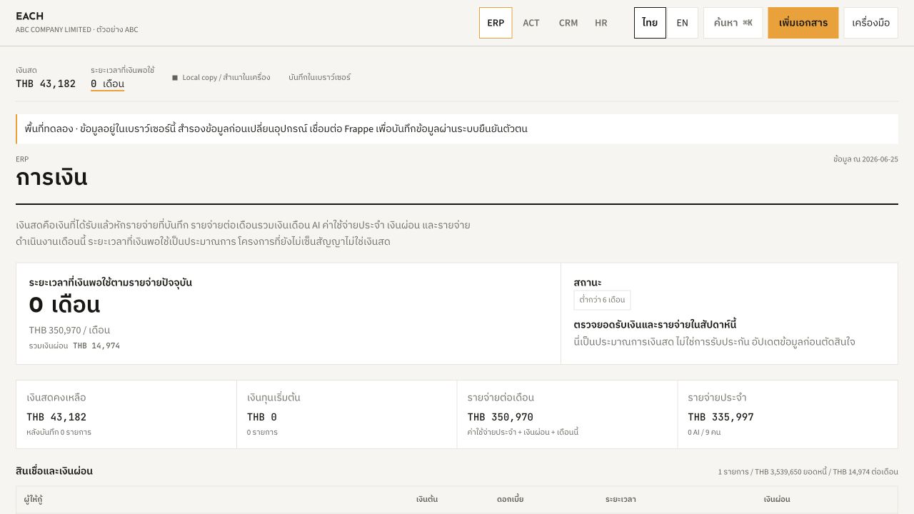 EACH finance workspace — ABC Company example data, cash runway, expenses and loan installments