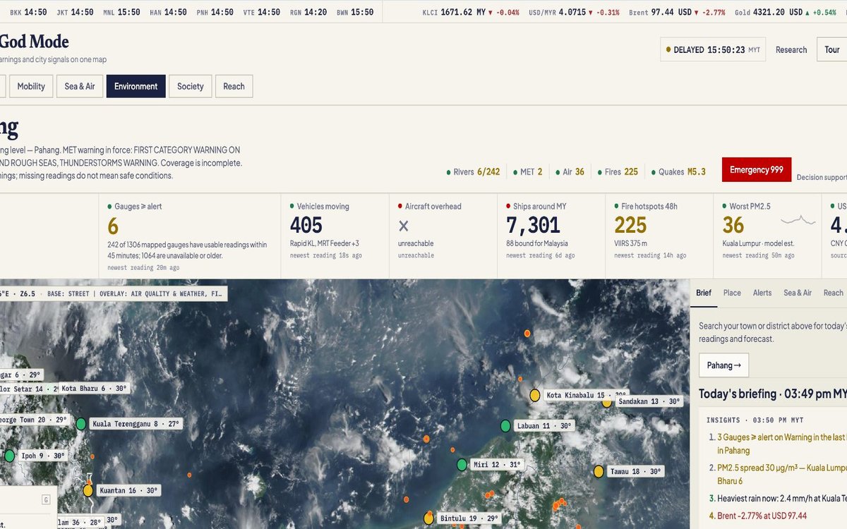 Malaysia · God Mode — JPS river gauges, MET Malaysia warnings, transit and aviation signals on one map