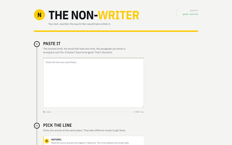 The Non-Writer — your text, rewritten the way Dr Non would have written it