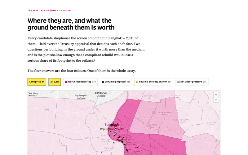 Shophouse Metropolis — Bangkok's 400,000 shophouses mapped against Treasury land value and setback pressure
